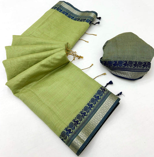 Elaborate Pista Cotton Silk Saree With Incredible Blouse Piece