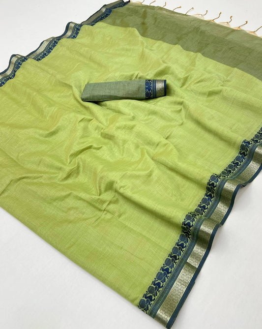 Elaborate Pista Cotton Silk Saree With Incredible Blouse Piece