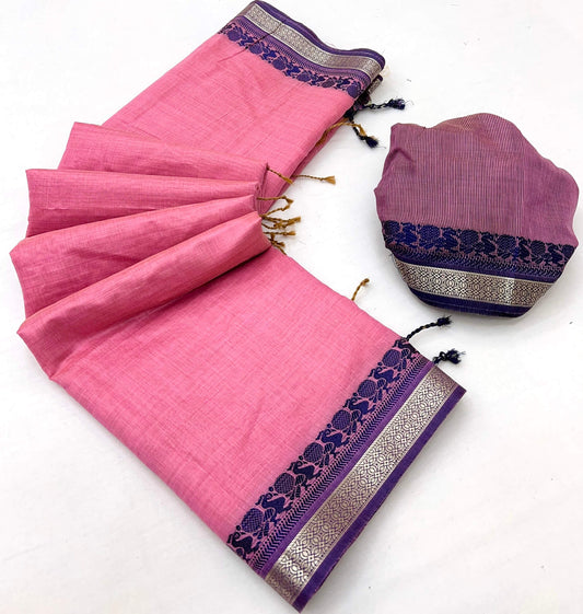Magnetic Pink Cotton Silk Saree With Delectable Blouse Piece