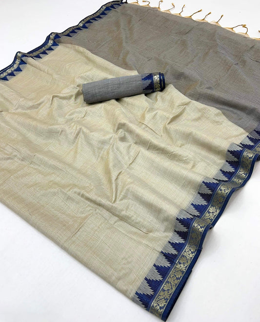 Demure Grey Cotton Silk Saree With Conflate Blouse Piece