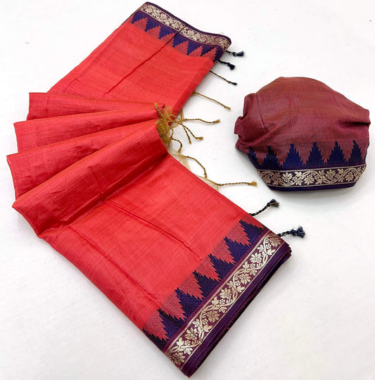 Luxuriant Red Cotton Silk Saree With Surpassing Blouse Piece