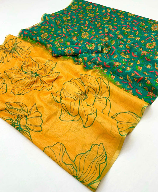 Flaunt Yellow Printed Cotton Silk Saree With Splendorous Blouse Piece