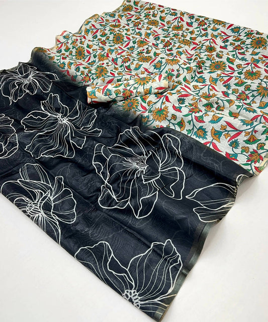 Scintillating Black Printed Cotton Silk Saree With Ephemeral Blouse Piece