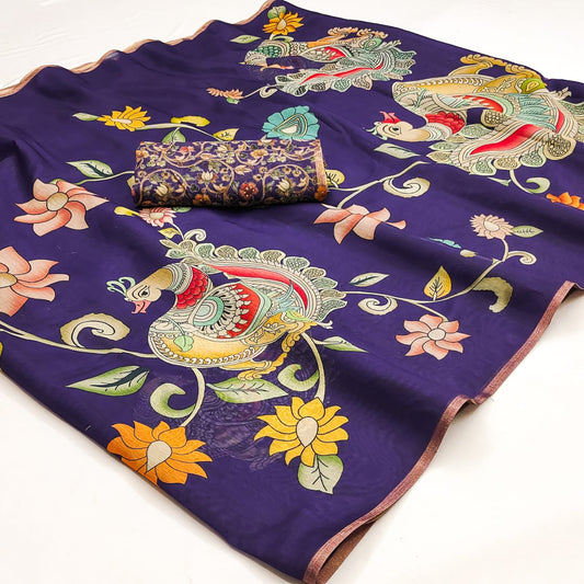 Vivacious Navy Blue Kalamkari Printed Cotton Silk Saree With Inspiring Blouse Piece