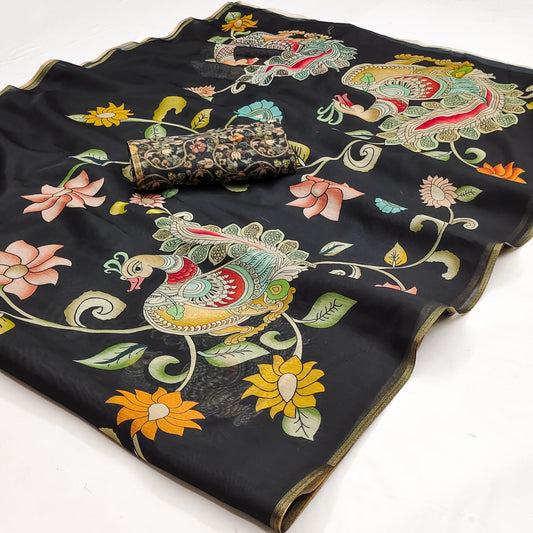 Aplomb Black Kalamkari Printed Cotton Silk Saree With Gratifying Blouse Piece
