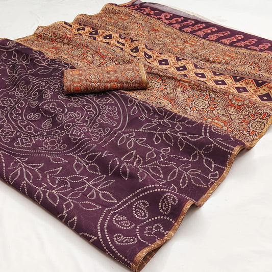 Stunner Wine Printed Cotton Silk Saree With Precious Blouse Piece