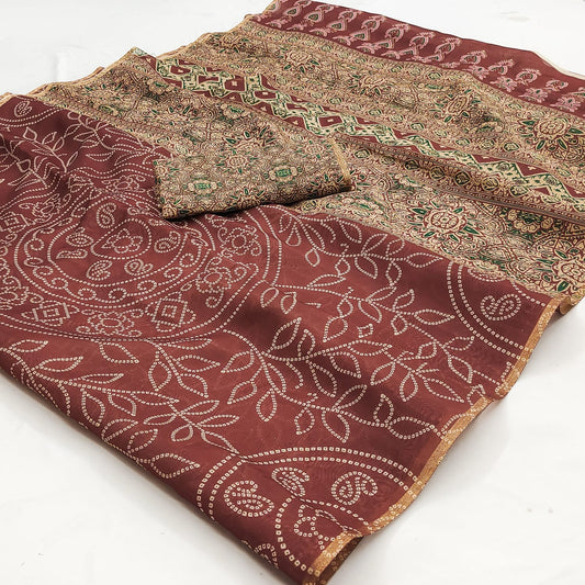 Eloquence Brown Printed Cotton Silk Saree With Serendipity Blouse Piece