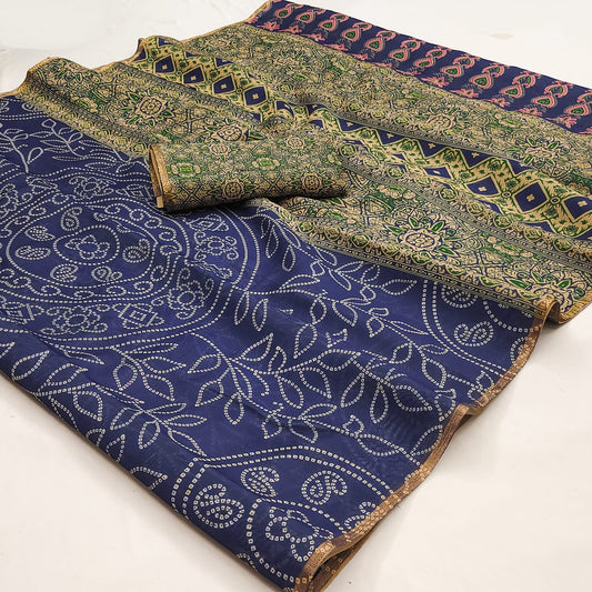 Radiant Navy Blue Printed Cotton Silk Saree With Confounding Blouse Piece