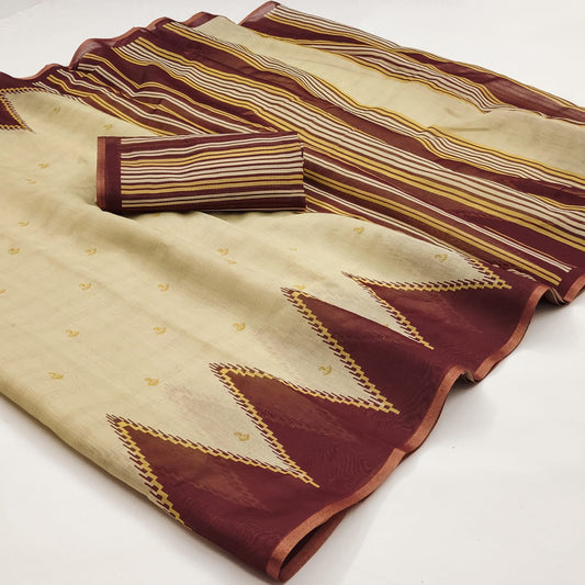 Glowing Beige Printed Cotton Silk Saree With Intricate Blouse Piece