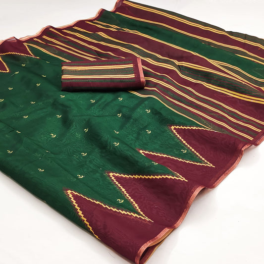 Amazing Dark Green Printed Cotton Silk Saree With Evocative Blouse Piece