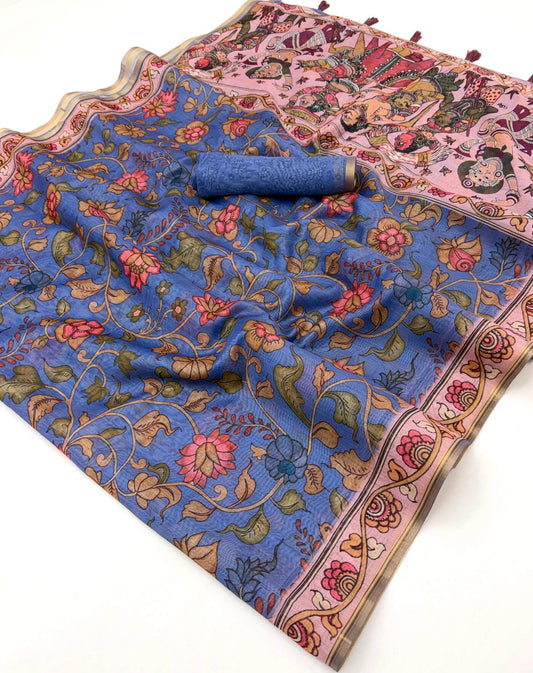 Angelic Blue Printed Cotton Silk Saree With Enthralling Blouse Piece