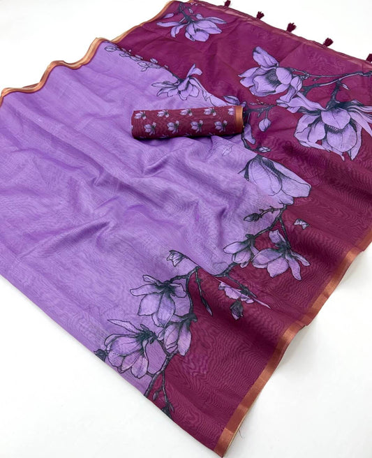Lovely Lavender Printed Cotton Silk Saree With Surpassing Blouse Piece