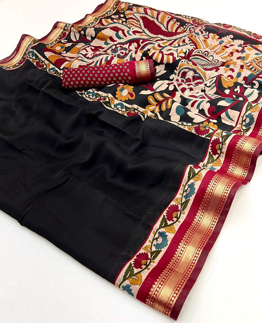 Nectarous Black Printed Mul Cotton Saree With Scintilla Blouse Piece