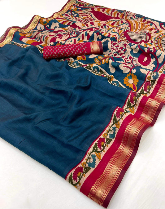 Nebula Navy Blue Printed Mul Cotton Saree With Splendiferous Blouse Piece