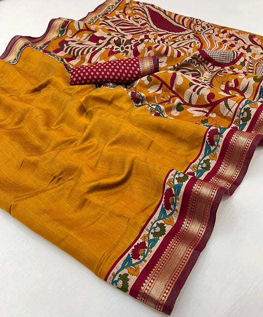Susurrous Mustard Printed Mul Cotton Saree With Verdant Blouse Piece