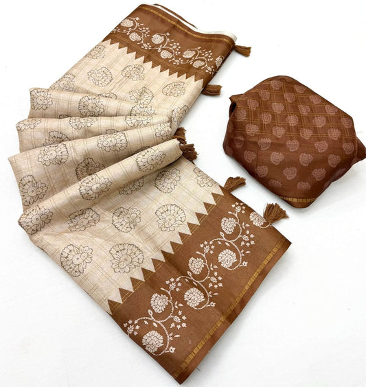 Inimitable Beige Printed Tussar Silk Saree With Transcendent Blouse Piece