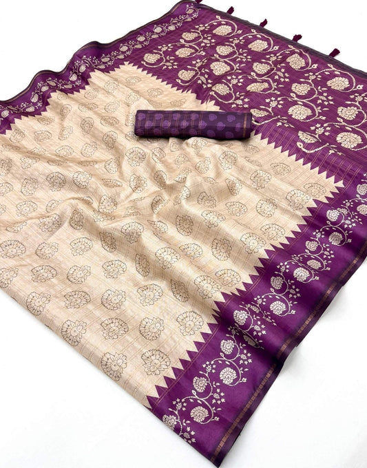 Designer Beige Printed Tussar Silk Saree With Desiring Blouse Piece