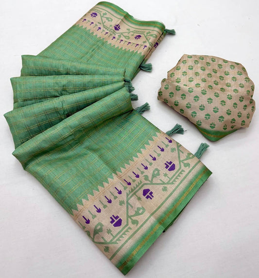 Vibrant Pista Printed Tussar Silk Saree With Splendiferous Blouse Piece