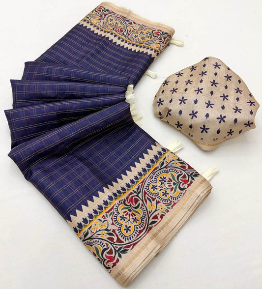 Evanescent Navy Blue Printed Tussar Silk Saree With Classic Blouse Piece