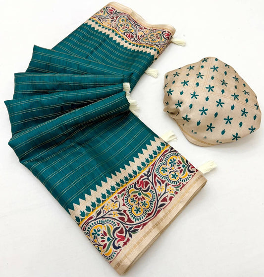 Quixotic Rama Printed Tussar Silk Saree With Invaluable Blouse Piece