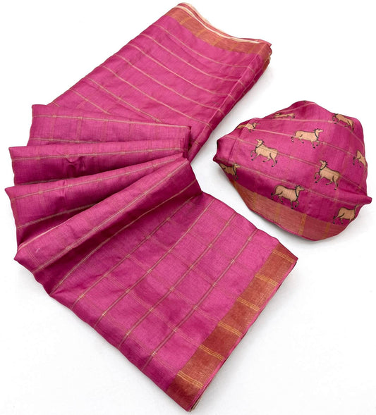 Admirable Pink Printed Tussar Silk Saree With Flamboyant Blouse Piece