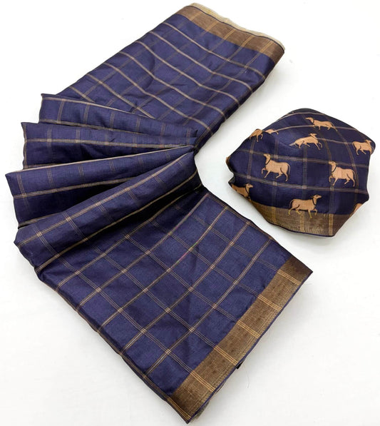 Smart Navy Blue Printed Tussar Silk Saree With Enchanting Blouse Piece