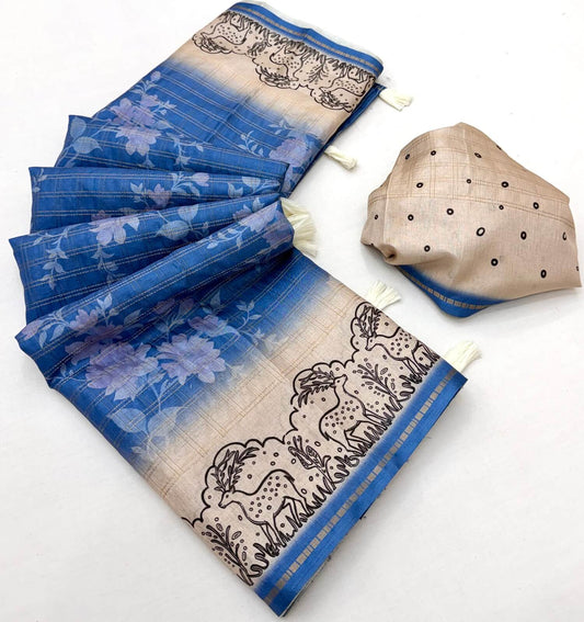 Opulent Blue Printed Tussar Silk Saree With Brood Blouse Piece