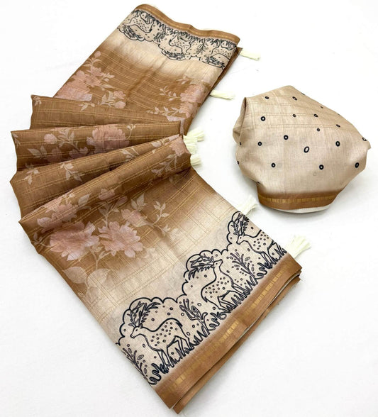 Scrupulous Brown Printed Tussar Silk Saree With Stylish Blouse Piece