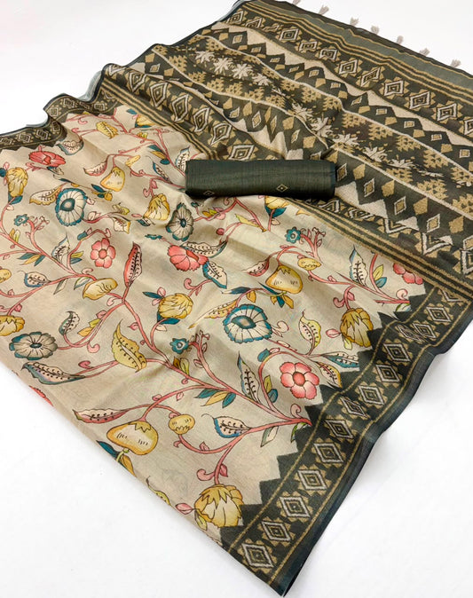 Zephyr Pista Printed Cotton Silk Saree With Gorgeous Blouse Piece