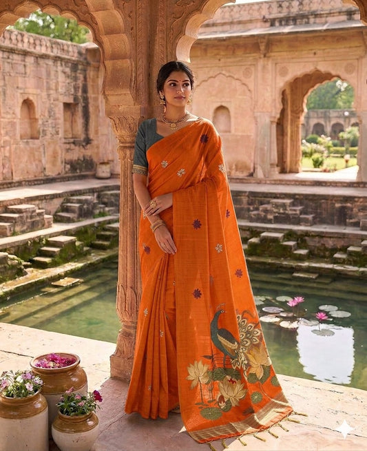 Enamoring Orange Pure Munga Cotton Silk Saree With Classy Blouse Piece