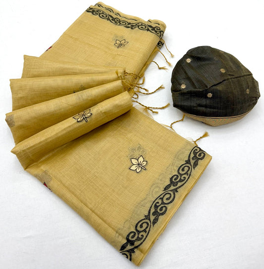 Panoply Beige Pure Munga Cotton Silk Saree With Twirling Blouse Piece