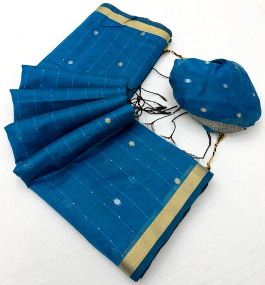 Capricious Blue Pure Munga Cotton Saree With Propinquity Blouse Piece