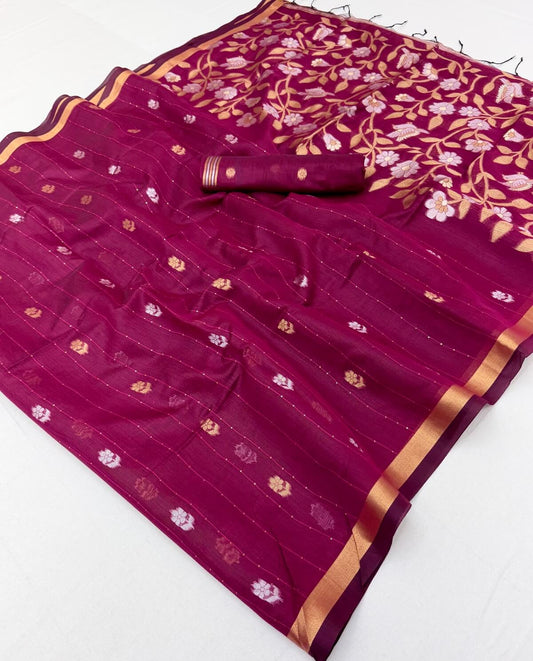 Quintessential Wine Pure Munga Cotton Saree With Gossamer Blouse Piece