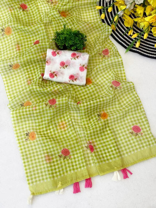 Prominent Green Printed Linen Silk Saree With Ethereal Blouse Piece