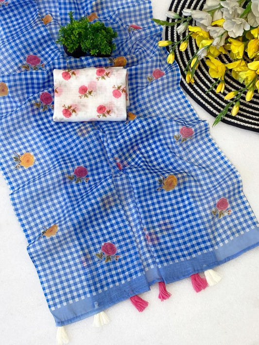 Captivating Blue Printed Linen Silk Saree With Imaginative Blouse Piece