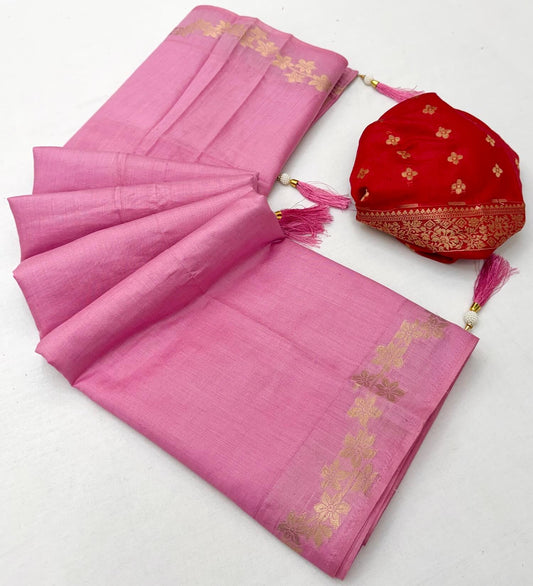 Symmetrical Pink Viscose Cotton Silk Saree With Posh Blouse Piece