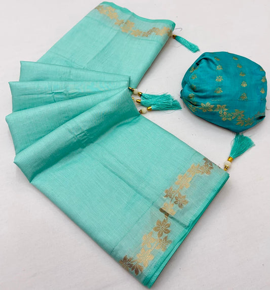 Magnificat Turquoise Viscose Cotton Silk Saree With Ethnic Blouse Piece
