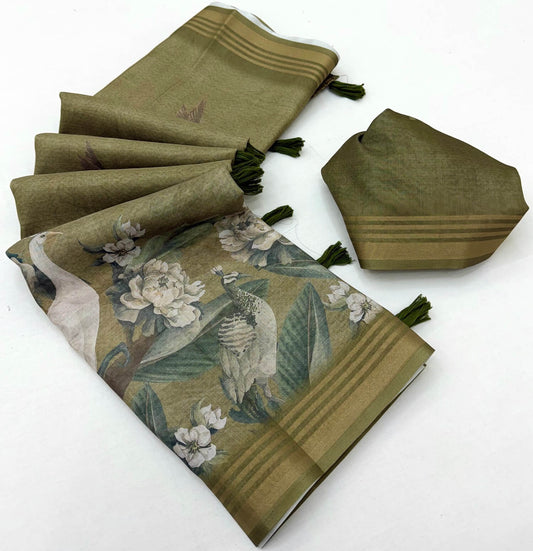 Dazzling Green Printed Cotton Silk Saree With Alluring Blouse Piece