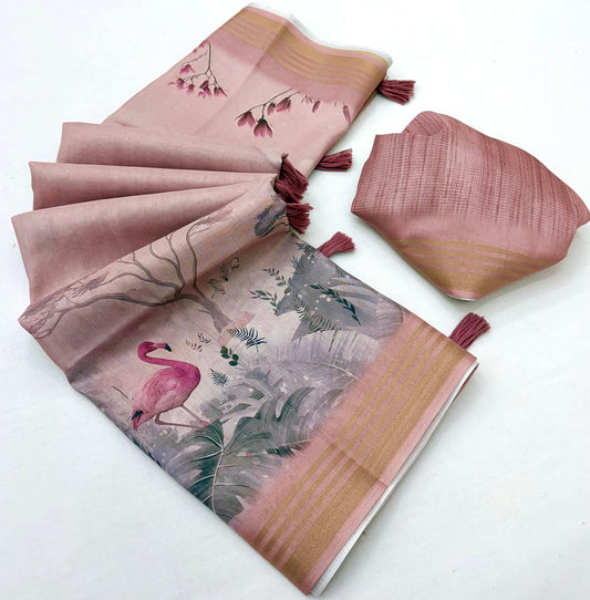 Snazzy Pink Printed Cotton Silk Saree With Verdant Blouse Piece