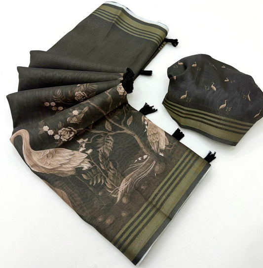Lissome Dark Green Printed Cotton Silk Saree With Majesty Blouse Piece