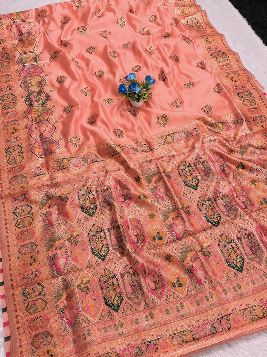 Delectable Peach Pashmina Silk Saree With Enchanting Blouse Piece