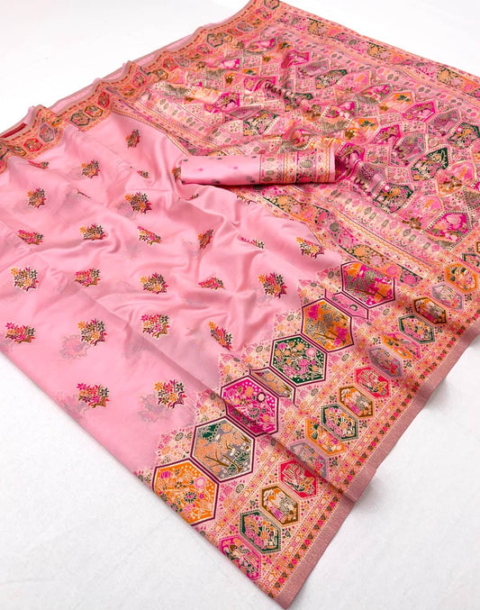 Outstanding Pink Pashmina Silk Saree With Designer Blouse Piece