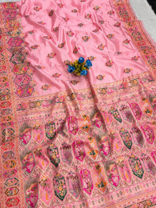 Outstanding Pink Pashmina Silk Saree With Designer Blouse Piece