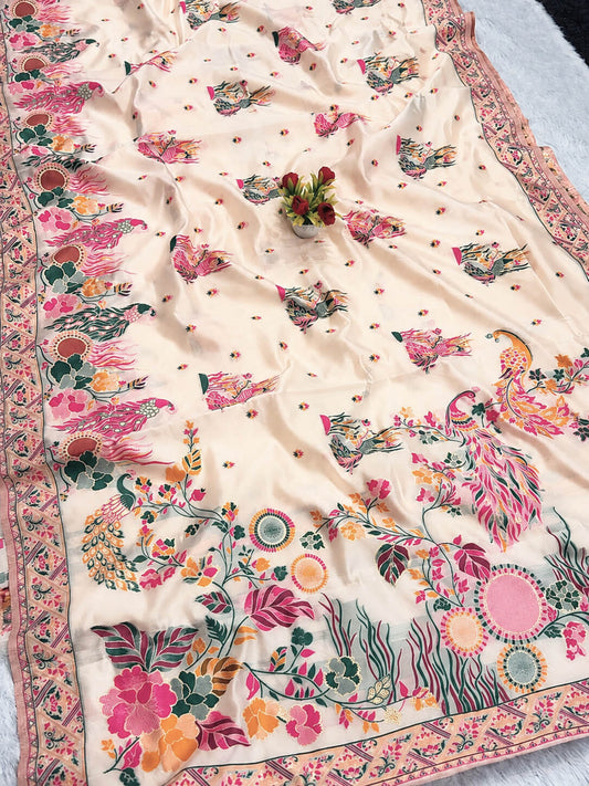 Elaborate Beige Pashmina Silk Saree With Imaginative Blouse Piece