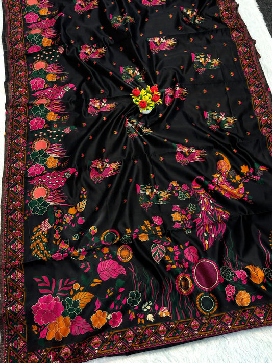 Bucolic Black Pashmina Silk Saree With Piquant Blouse Piece