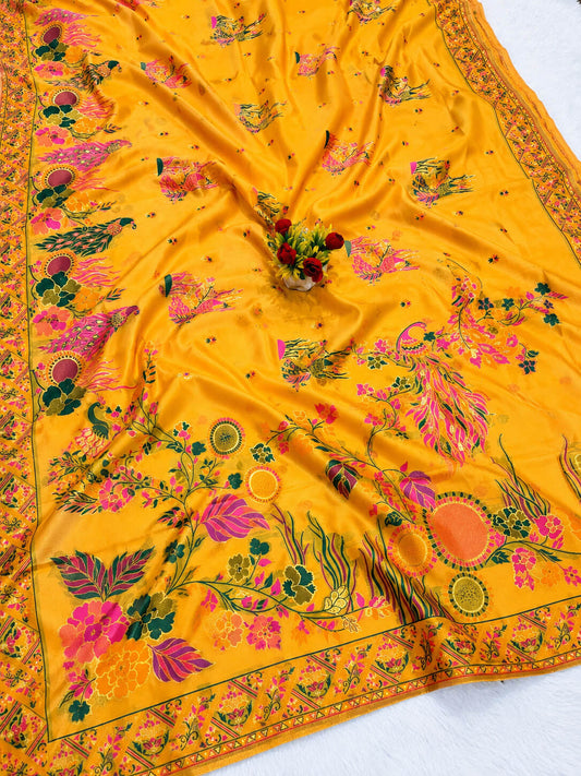 Woebegone Yellow Pashmina Silk Saree With Alluring Blouse Piece