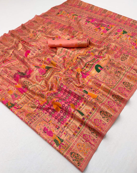 Trendy Peach Pashmina Silk Saree With Captivating Blouse Piece