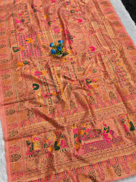 Trendy Peach Pashmina Silk Saree With Captivating Blouse Piece