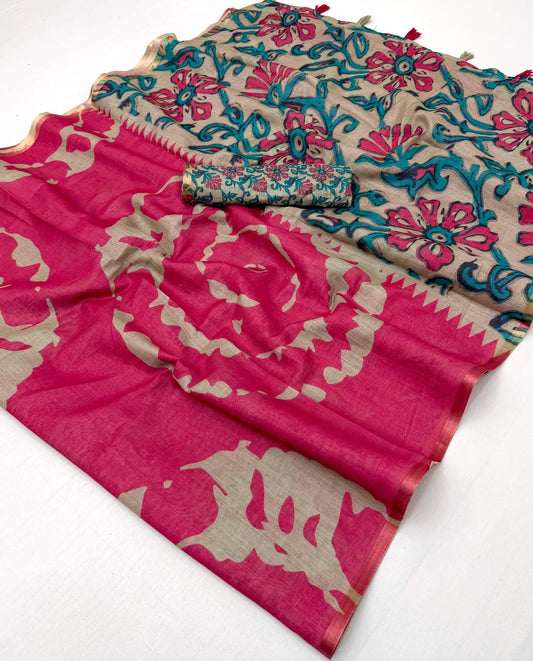Allure Dark Pink Printed Cotton Silk Saree With Assemblage Blouse Piece