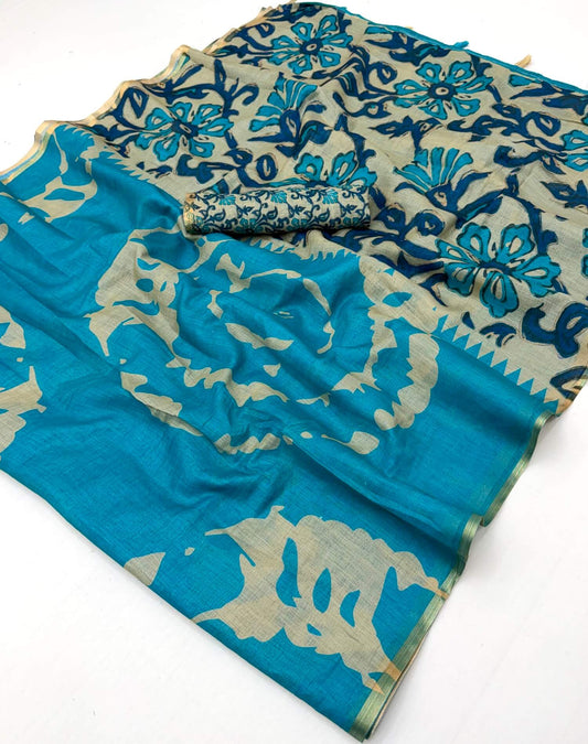 Sonorous Sky Printed Cotton Silk Saree With Glittering Blouse Piece